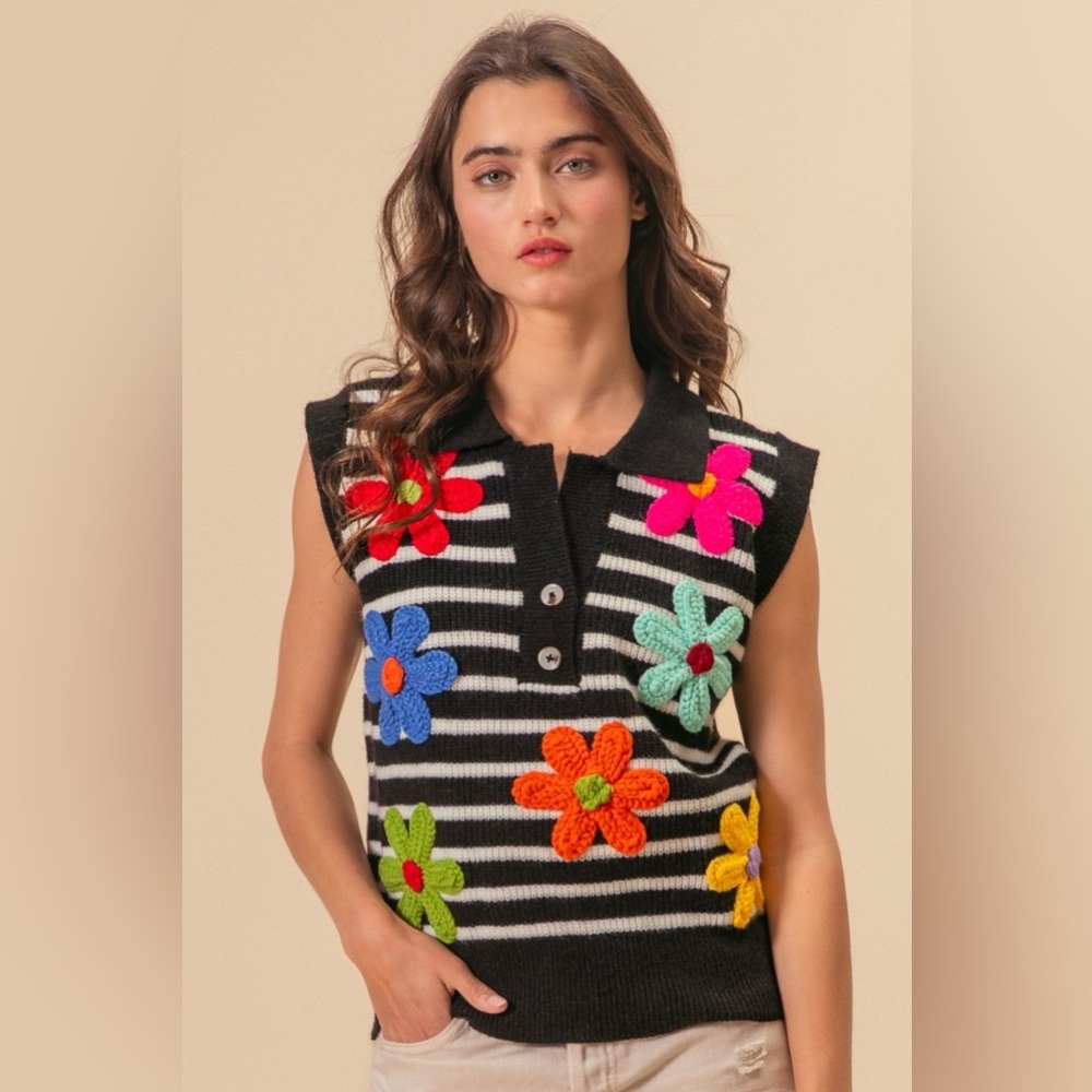 Bibi Flower Patch Striped Half Button Sweater Vest - image 2